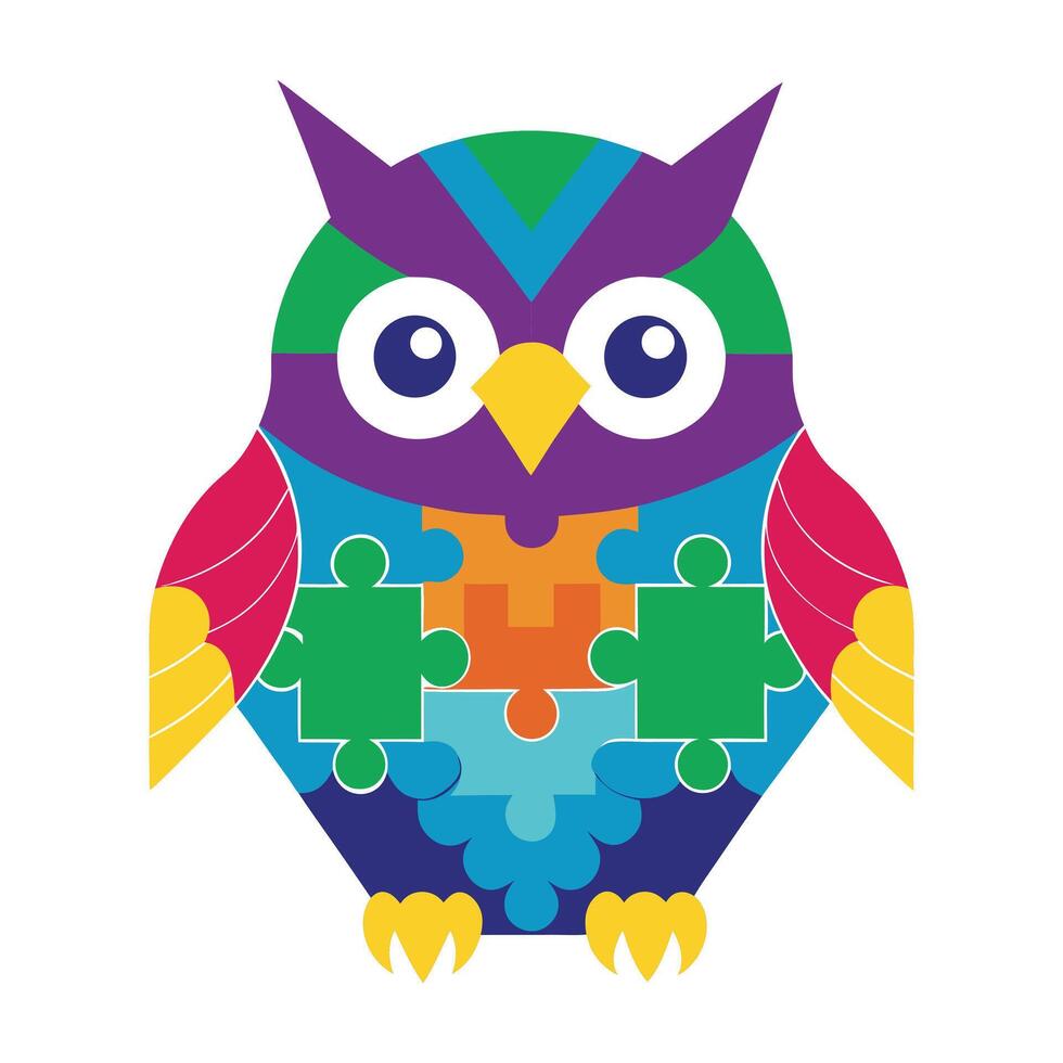 an owl with colorful pieces on its head vector