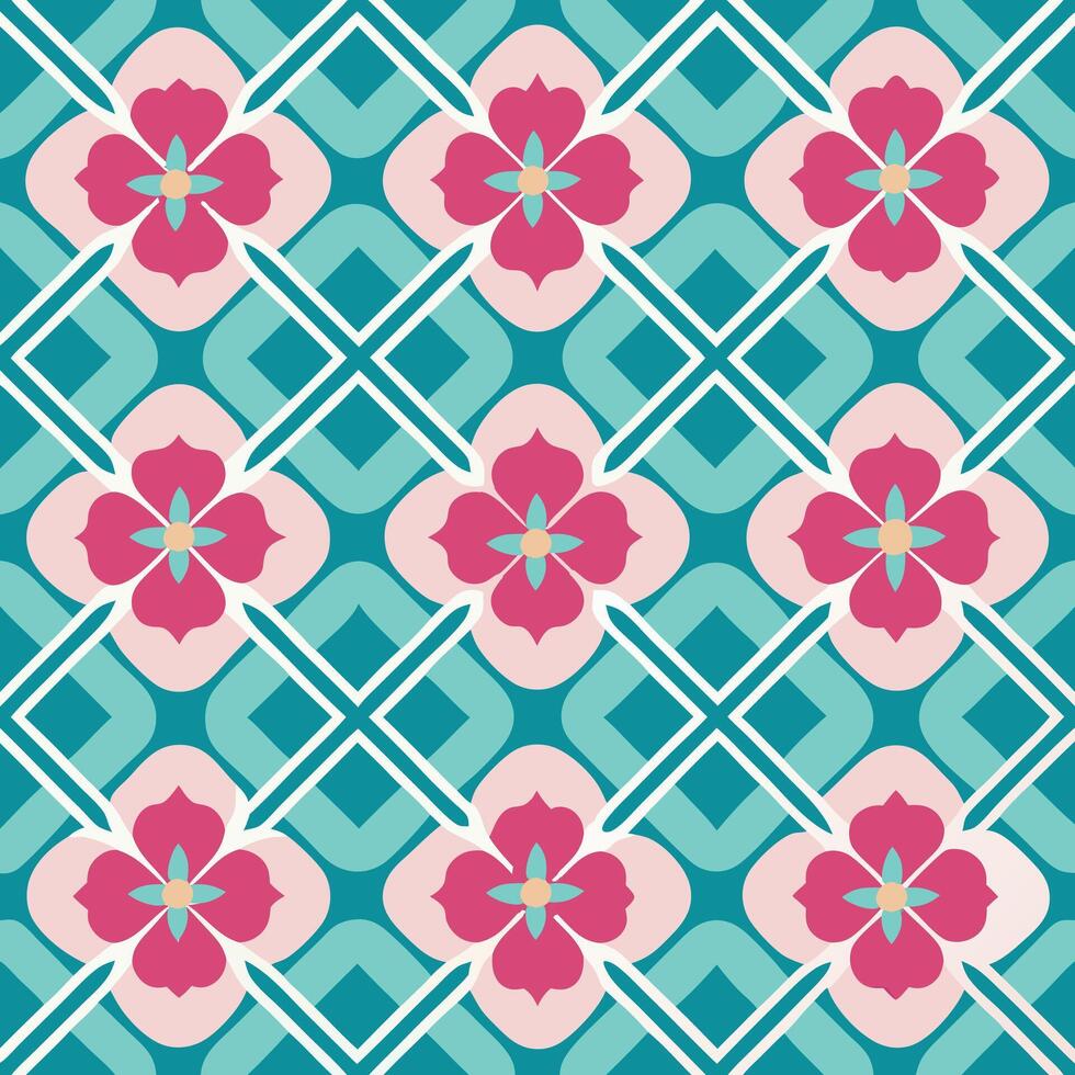 a pattern with pink flowers on blue and green vector