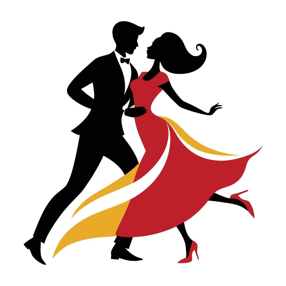 a couple dancing in a red dress and black tuxedo vector