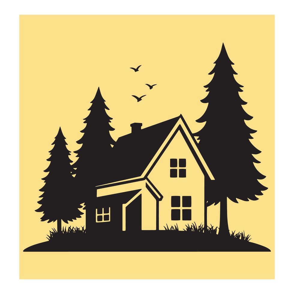Silhouette illustration of a rustic house with pine trees and flying birds on a golden background vector