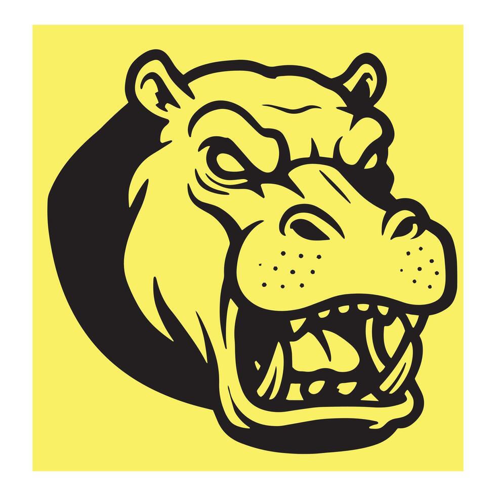 Bold black and yellow illustration of an angry hippopotamus head and open mouth vector