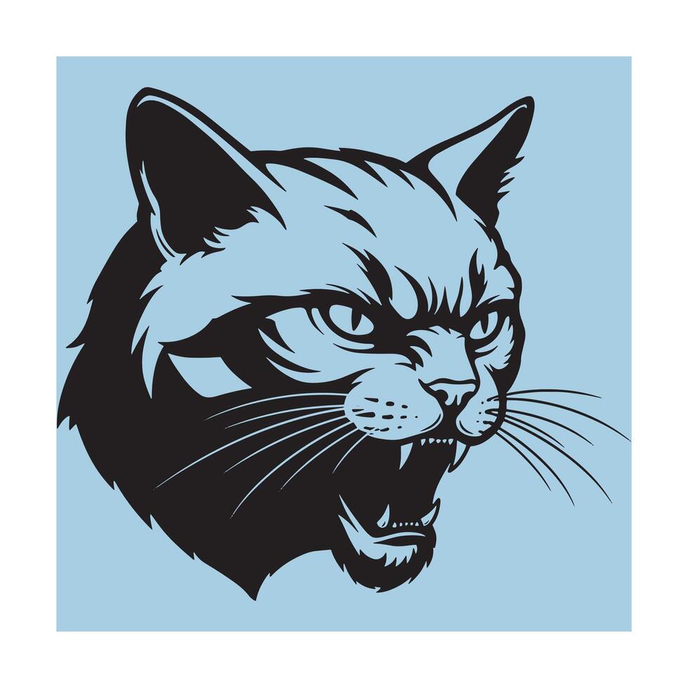 Fierce black cat head in aggressive pose on a light blue background illustration vector
