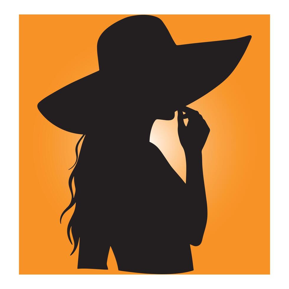 Silhouette of a woman wearing a large sun hat posing against a warm orange background vector