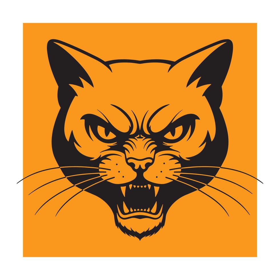 Angry black cat face illustration in orange square ideal for halloween design projects vector
