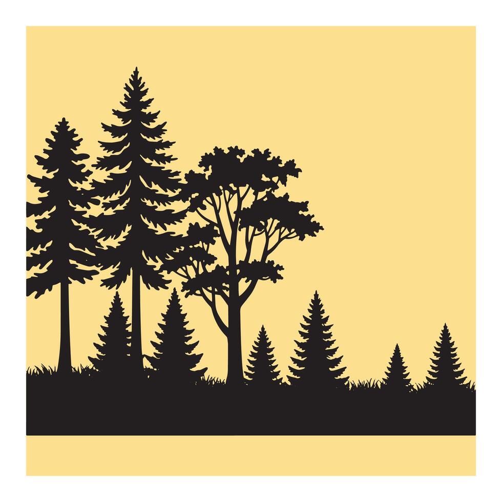 Silhouette illustration of a forest landscape with trees and bushes on a pastel background vector