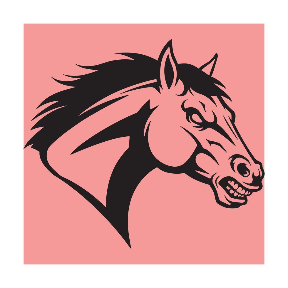Bold black horse head silhouette on a pink background in a graphic design vector