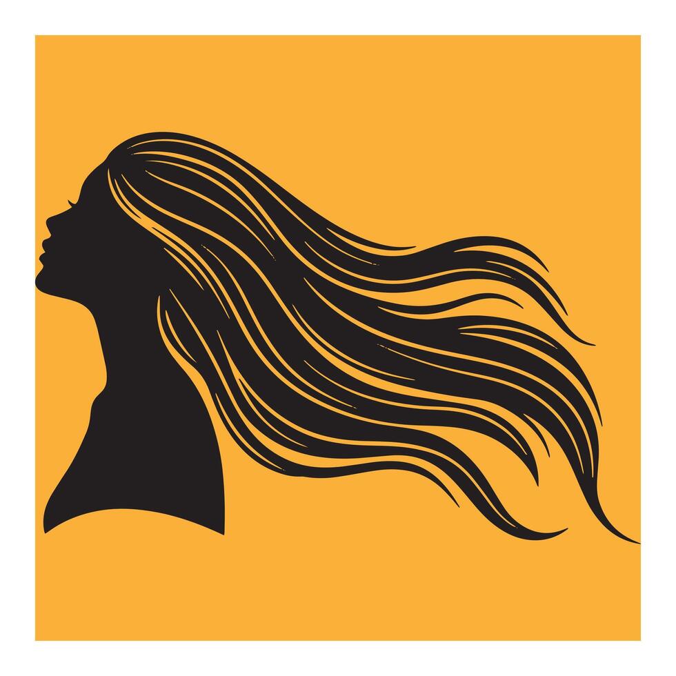 Silhouette of a woman with flowing hair against a mustard yellow background vector