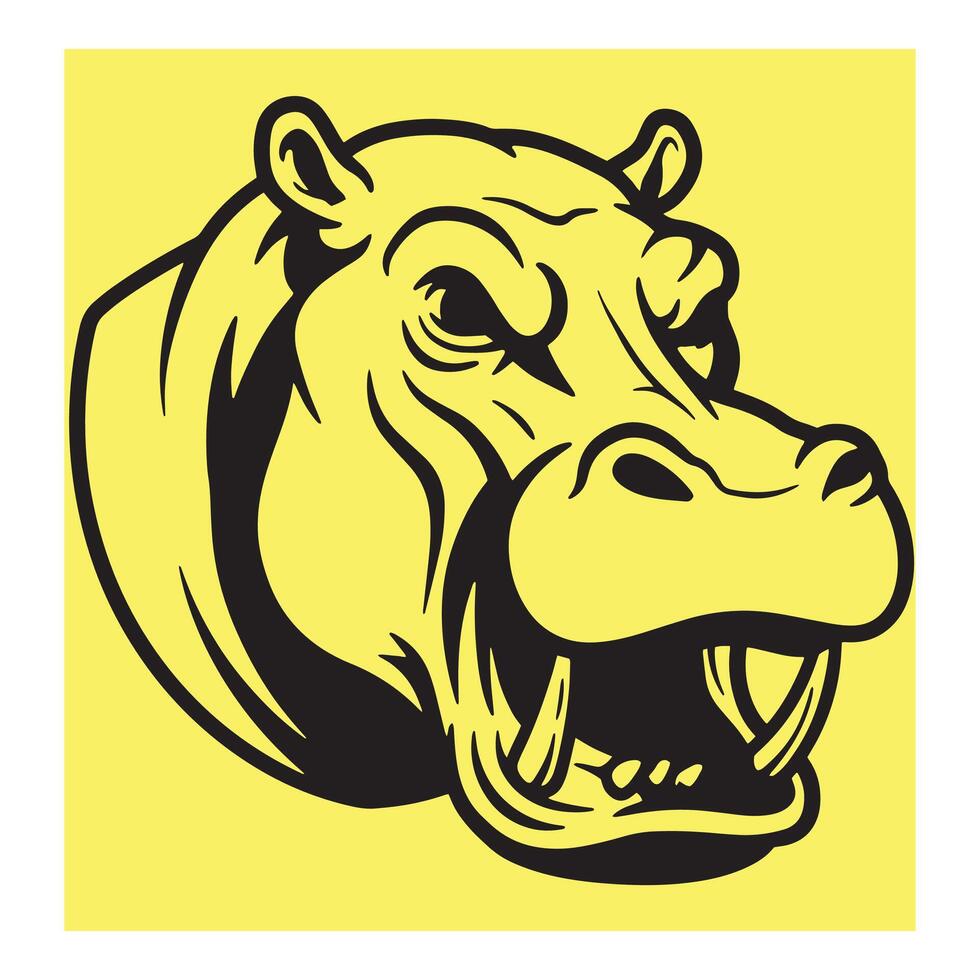 Fierce angry hippopotamus head with open mouth and visible teeth on yellow background vector