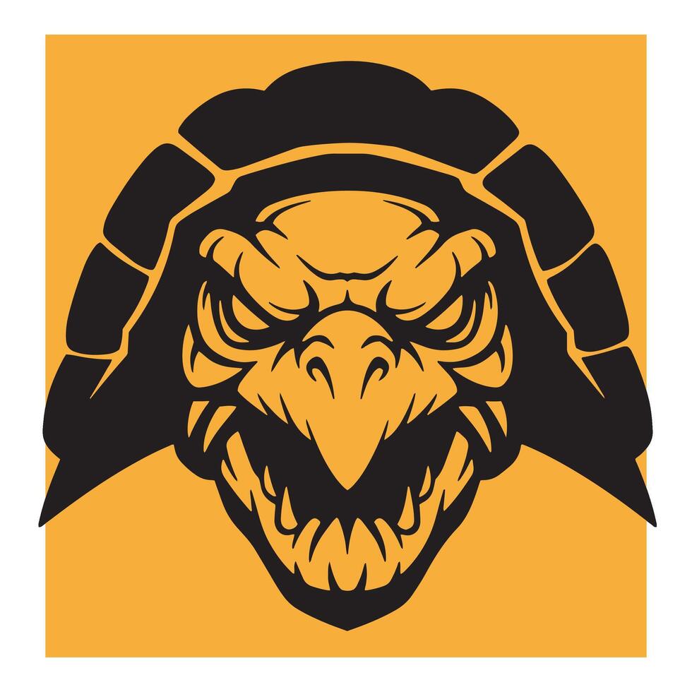 Fierce angry turtle head illustration in bold black silhouette design on yellow background vector