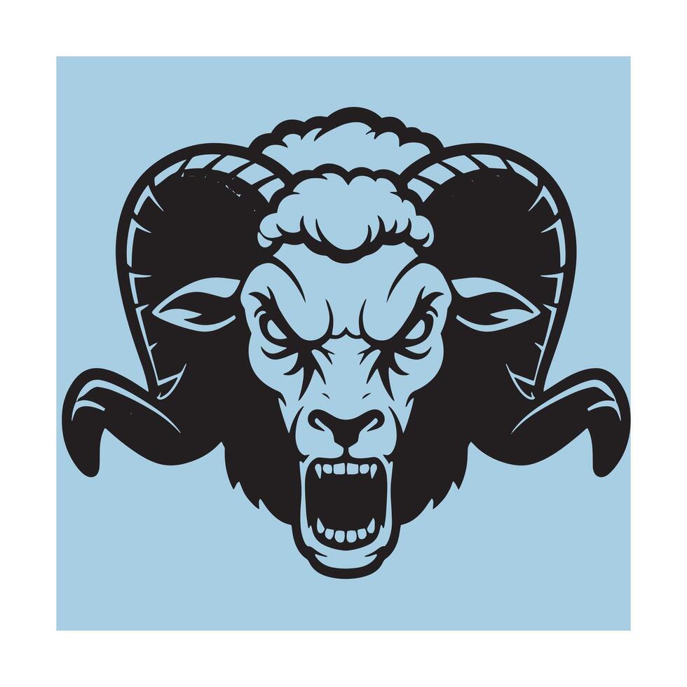 Bold black and blue illustration of a ram head with an aggressive expression vector