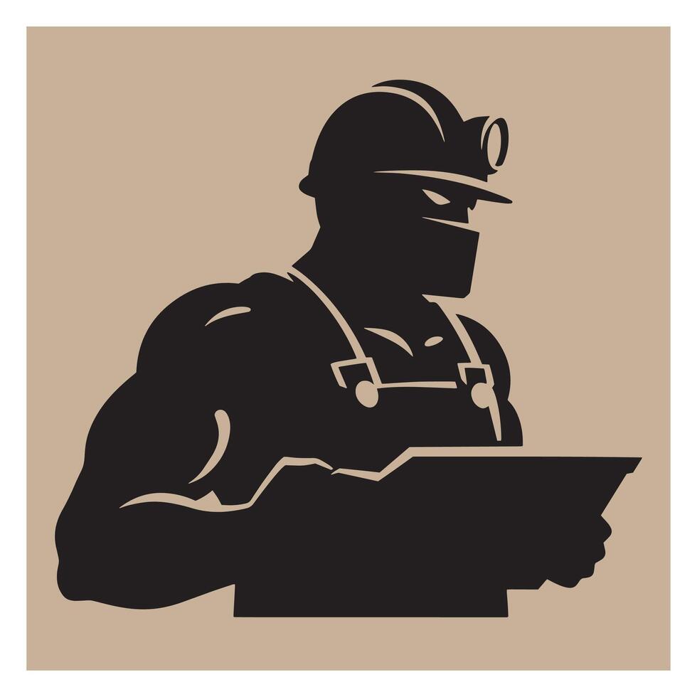illustration of a strong miner holding a mining plan in professional style vector