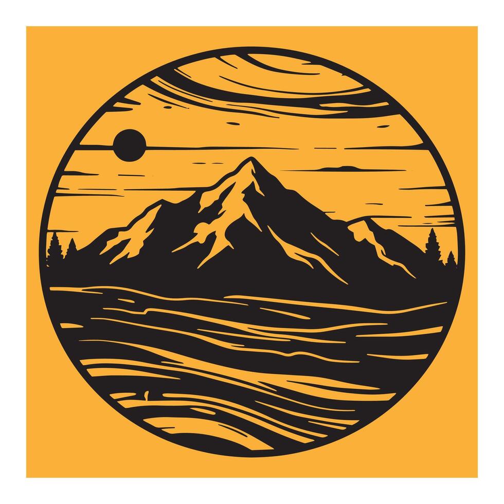 Simple black and yellow mountain scene illustration design with a retro aesthetic perfect vector