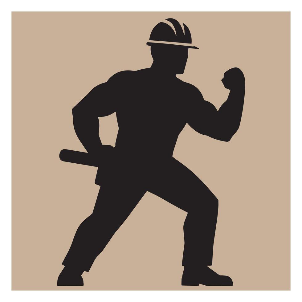 Silhouette of an active construction worker wearing a hard hat and carrying blueprints vector