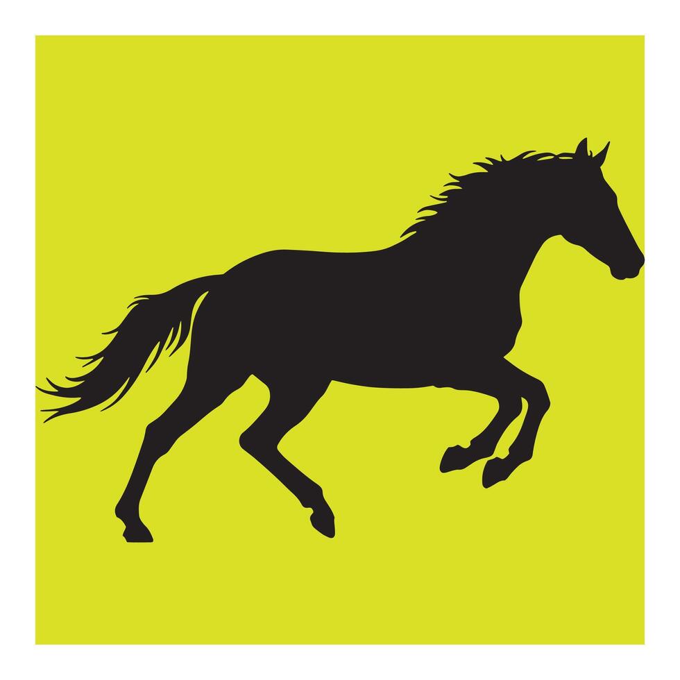 Elegant black horse silhouette galloping against a bright yellow background with dynamic motion vector