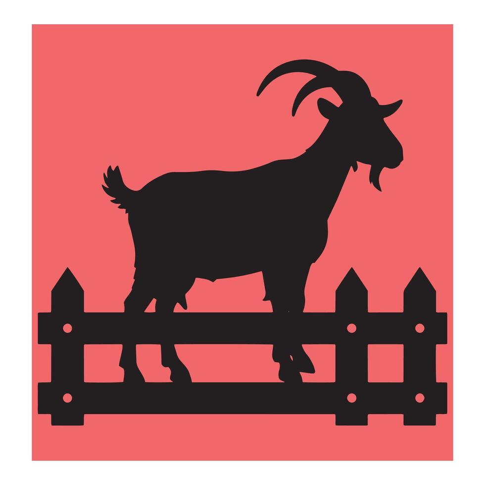 Silhouette of a goat standing on a fence with a pink background simple design vector