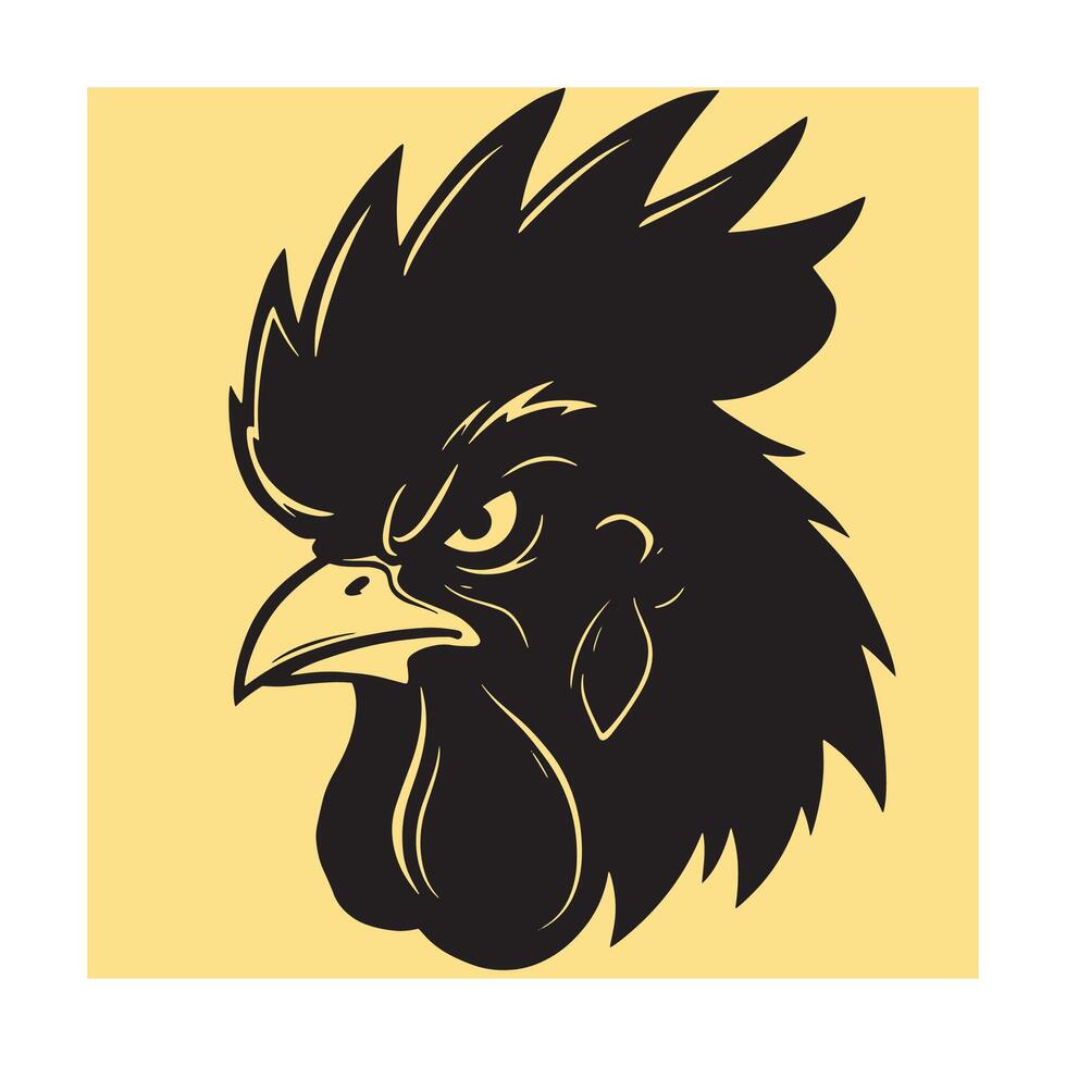 illustration of a black rooster head with an angry expression on a yellow background vector