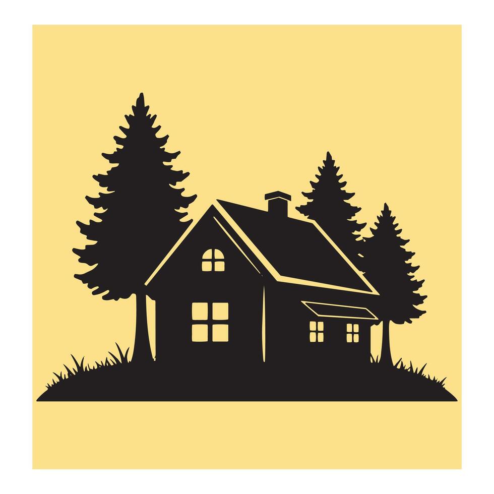 Silhouette illustration of a cozy house surrounded by pine trees and natural elements vector