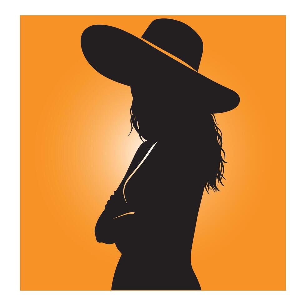 Elegant woman silhouette in a stylish hat with arms crossed on a vibrant orange background vector