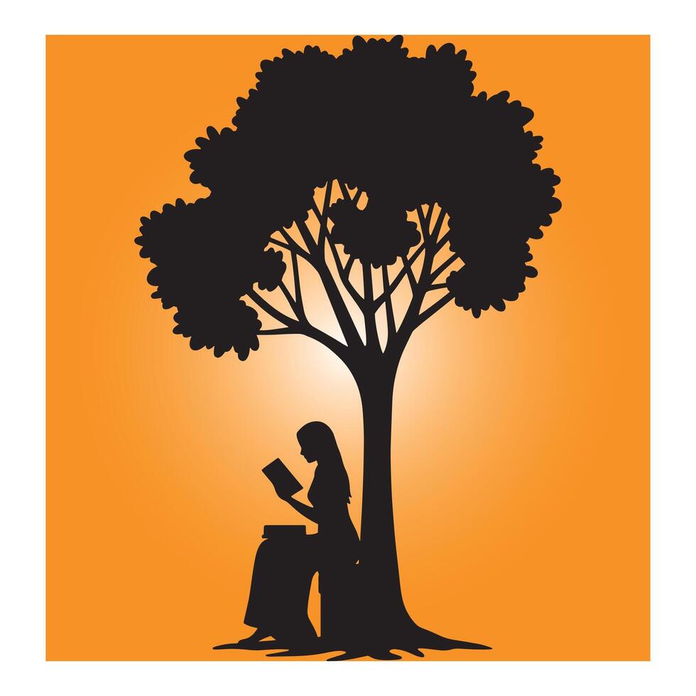 Silhouette of a woman reading a book leaning against a tree in orange background vector