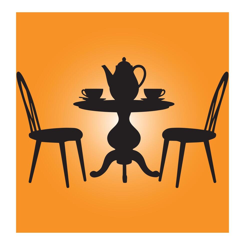Silhouette illustration of a tea party setting featuring teapot cups table and chairs. vector