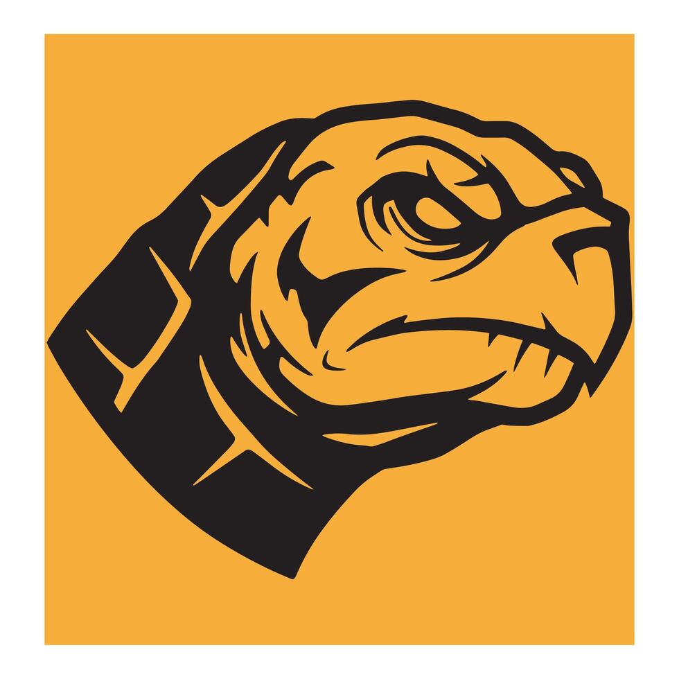 A bold black and yellow silhouette illustration of a turtle head with a focused expression vector