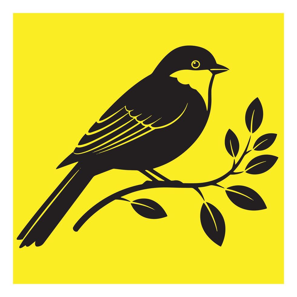 Silhouette of a bird perched on a branch against a vibrant yellow background vector