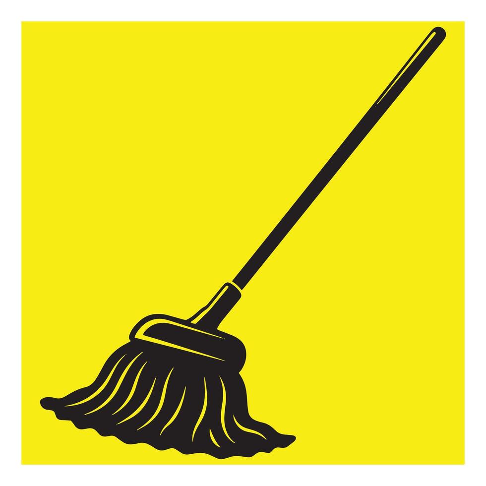 Black and white illustration of a cleaning mop on a yellow background graphic vector