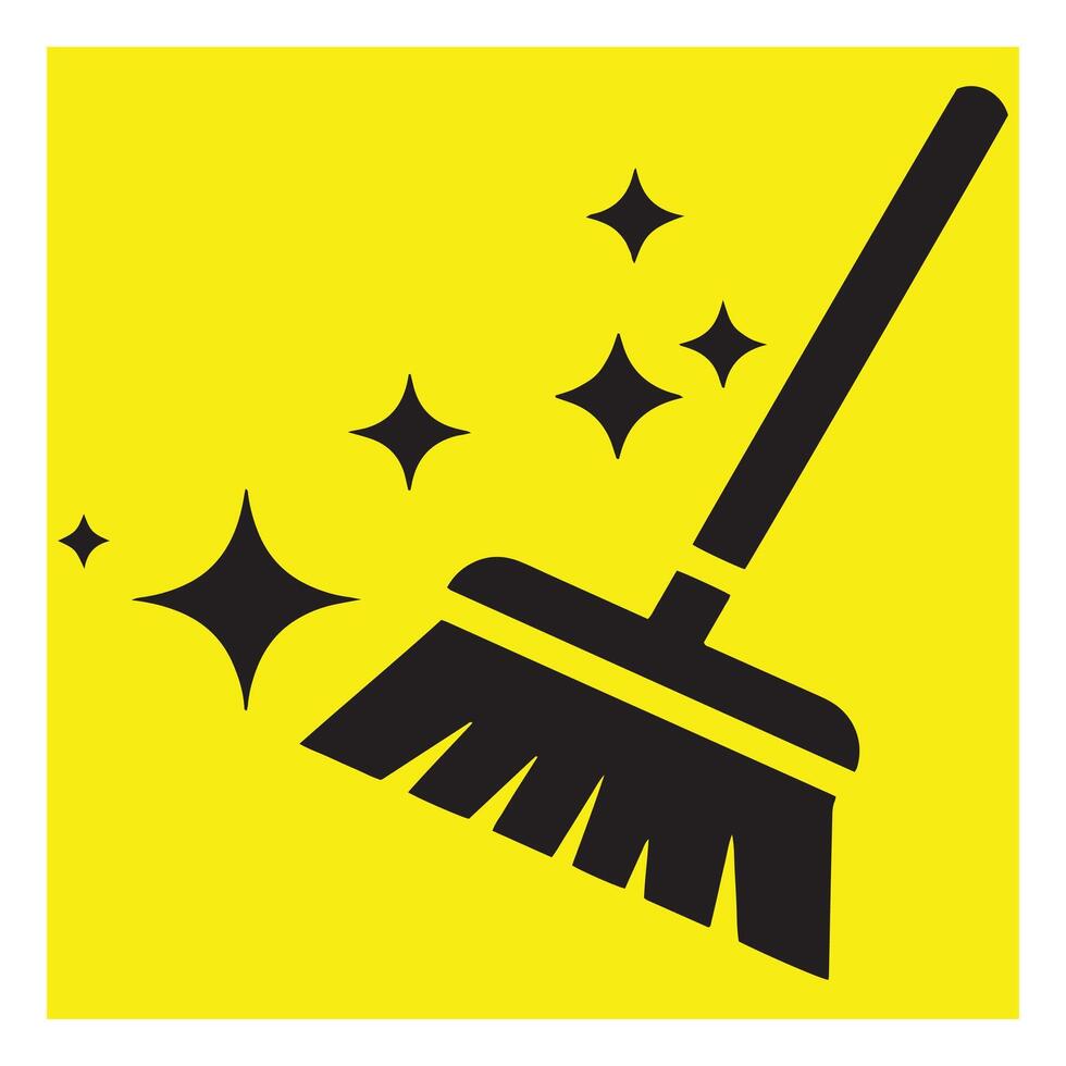 illustration of a black broom sweeping with clean and sparkle icons on yellow background vector