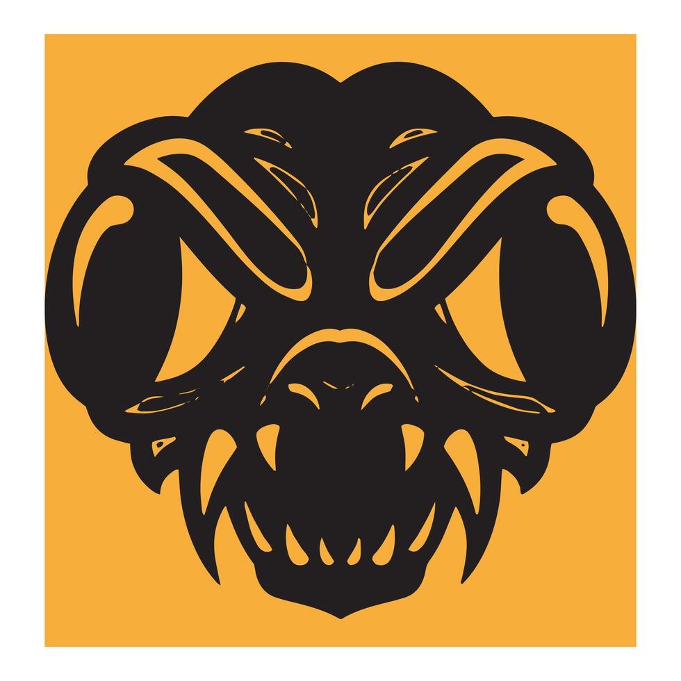 Stylized black monster head design with sharp teeth and minimalist aesthetic on a yellow background vector