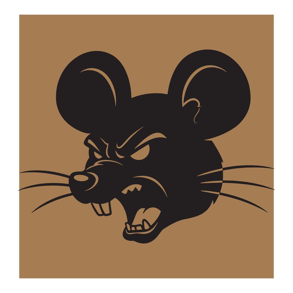 Black angry mouse head illustration with aggressive expression and sharp teeth on tan background vector