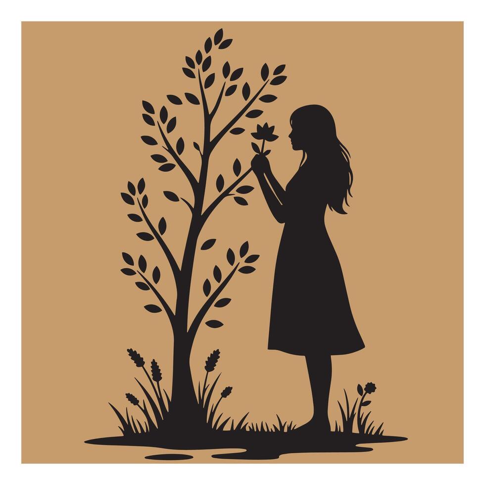 Silhouette of a woman admiring a flower growing near a tree in a natural setting vector