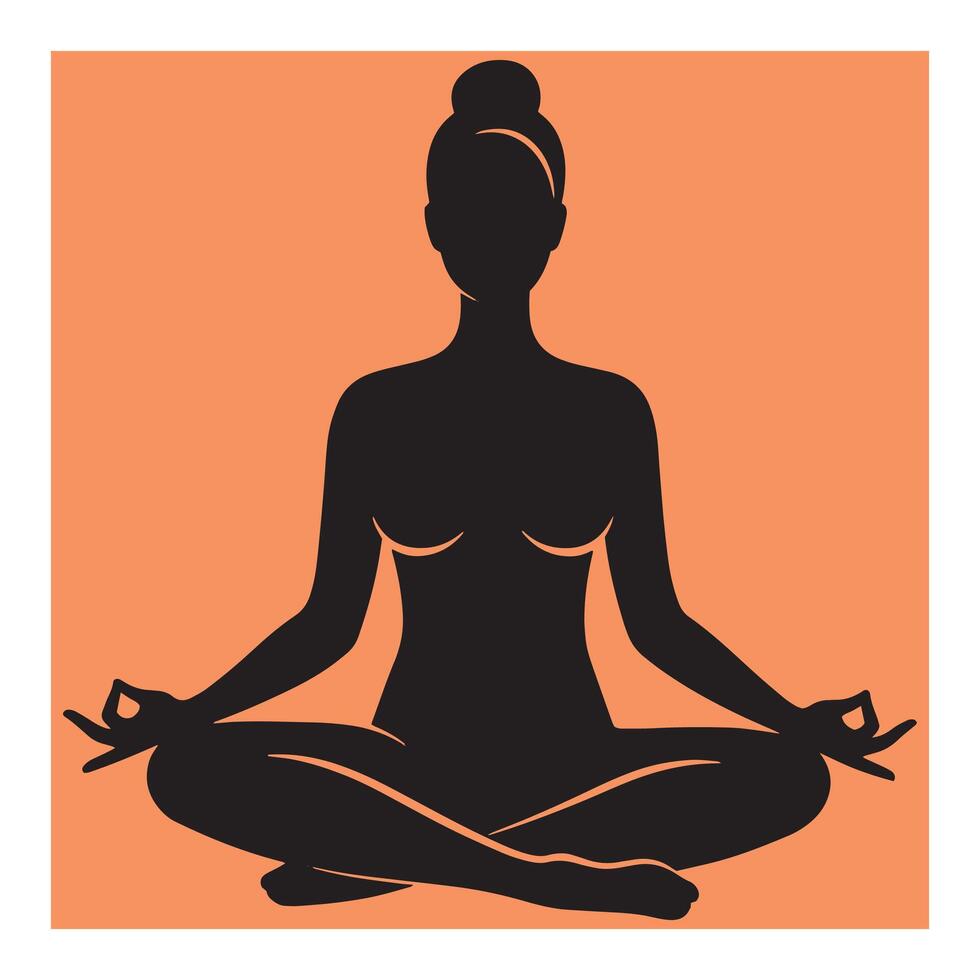 Silhouette of a woman meditating in lotus pose on an orange background for wellness vector