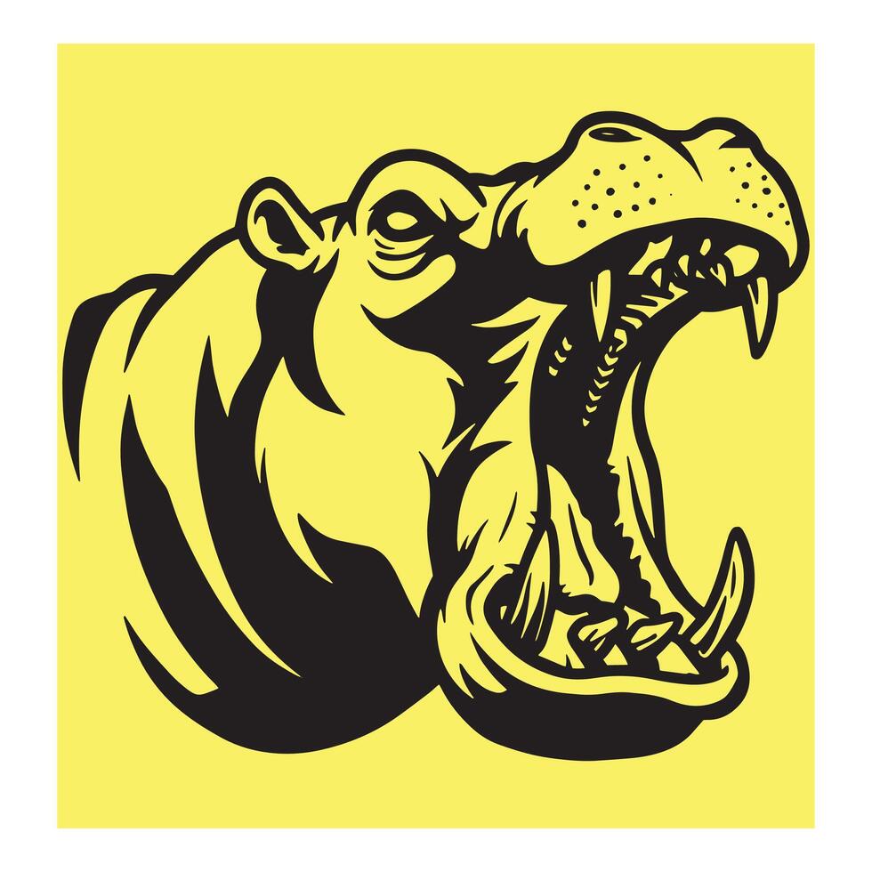 Angry hippo head illustration with open mouth and large tusk on yellow background vector