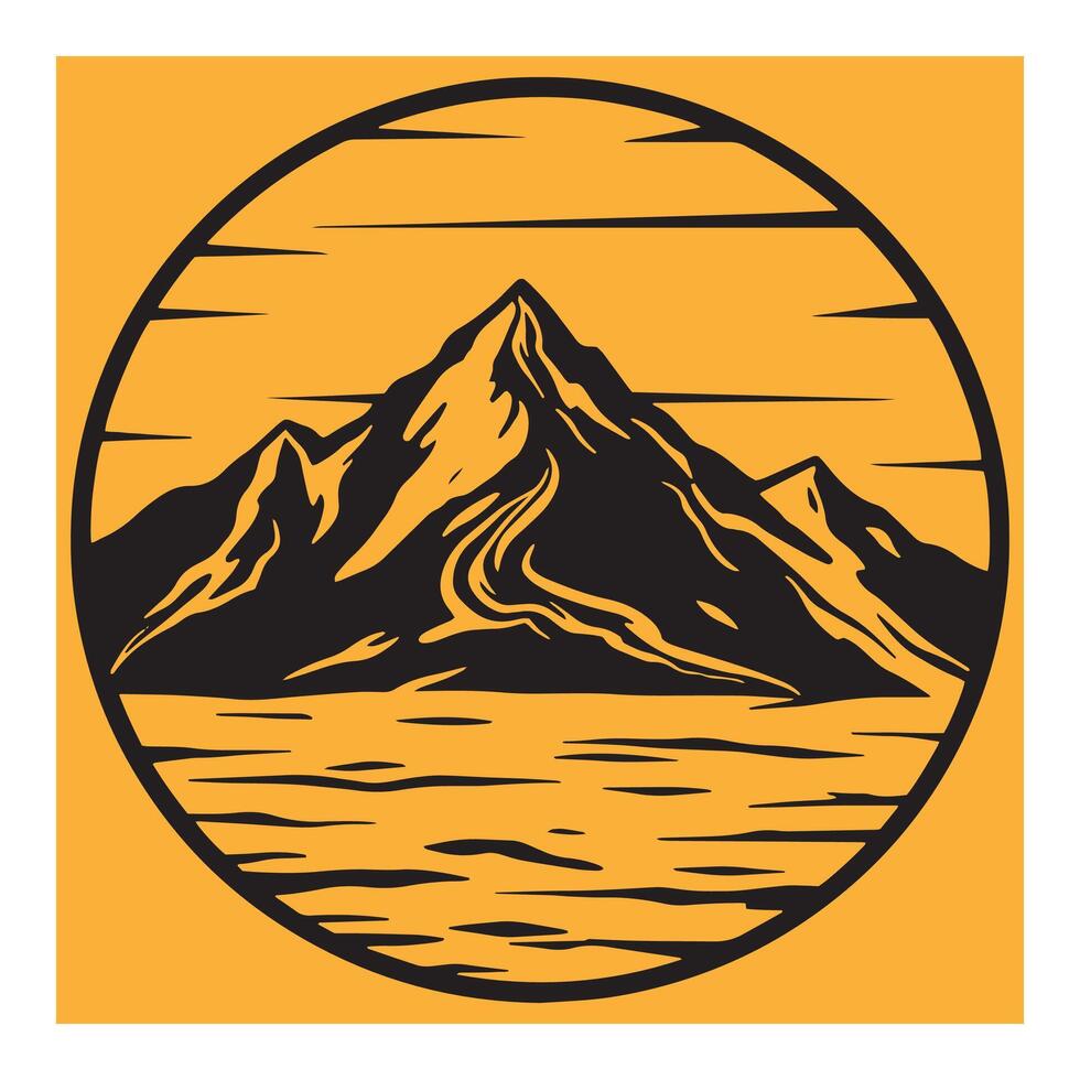illustration of mountain landscape within a circular frame featuring a sunset effect. vector