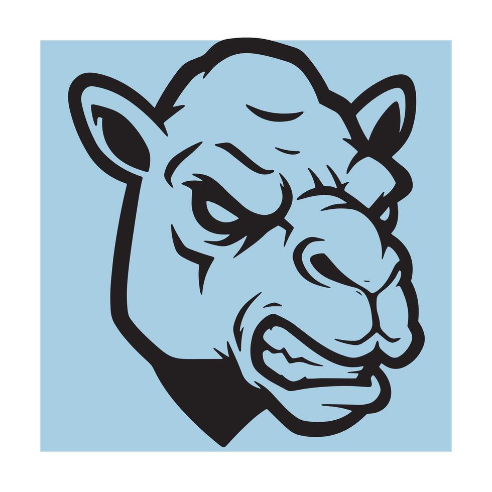 Grumpy camel head illustration in black and white on a light blue square background vector