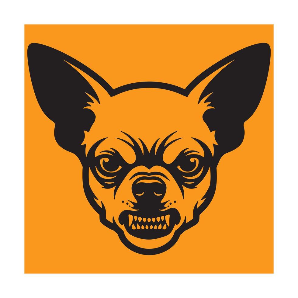 Angry chihuahua dog head in black silhouette against a vibrant orange background vector
