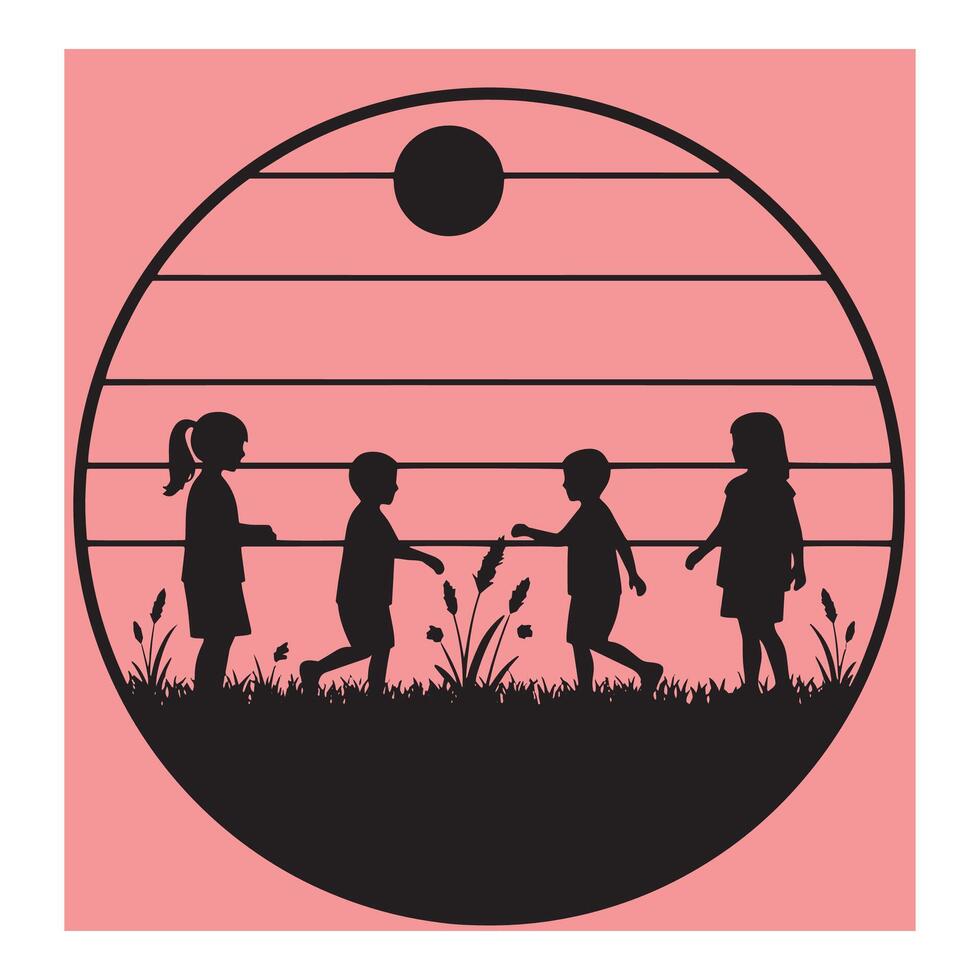 Silhouette illustration of children playing in a field inside a circular frame with sun vector