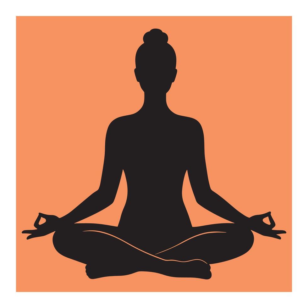 Silhouette of a woman in lotus position practicing meditation on a warm orange background vector