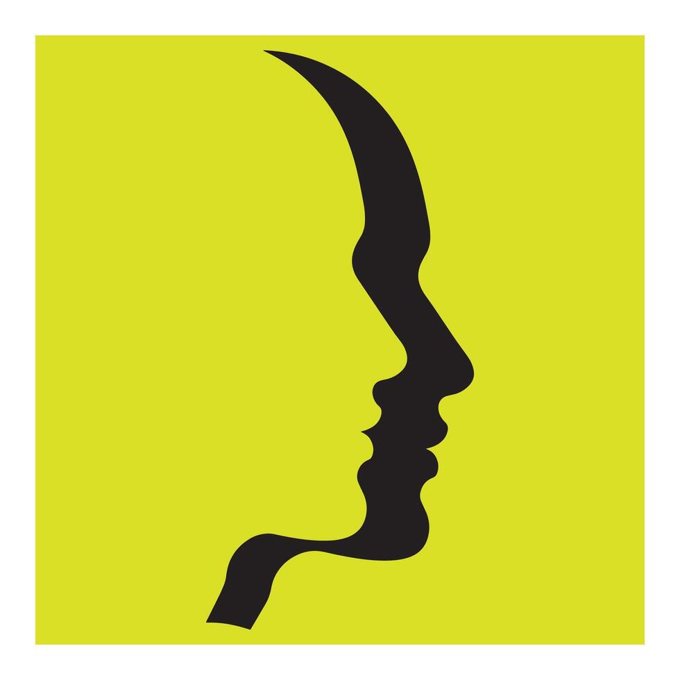 Silhouette of two faces merged on a bright yellow background for visual concept vector