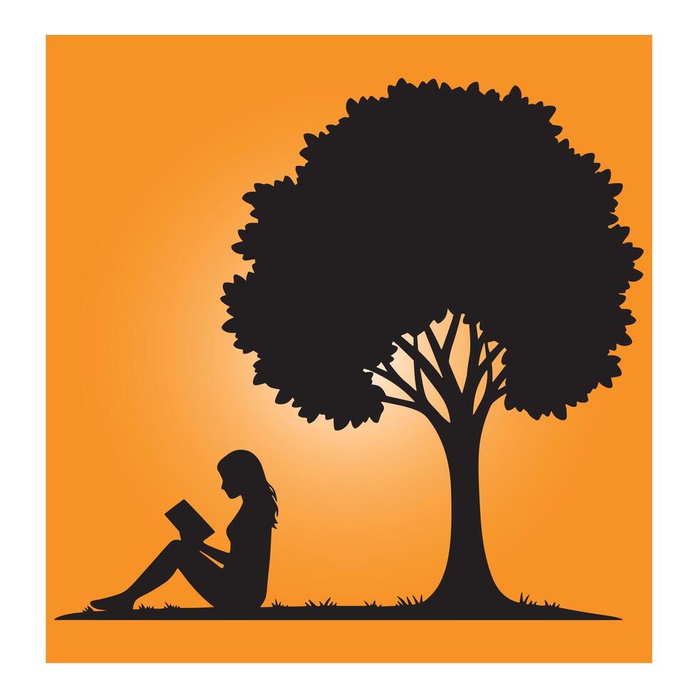 Silhouette illustration of a woman reading a book under a tree in peaceful setting vector
