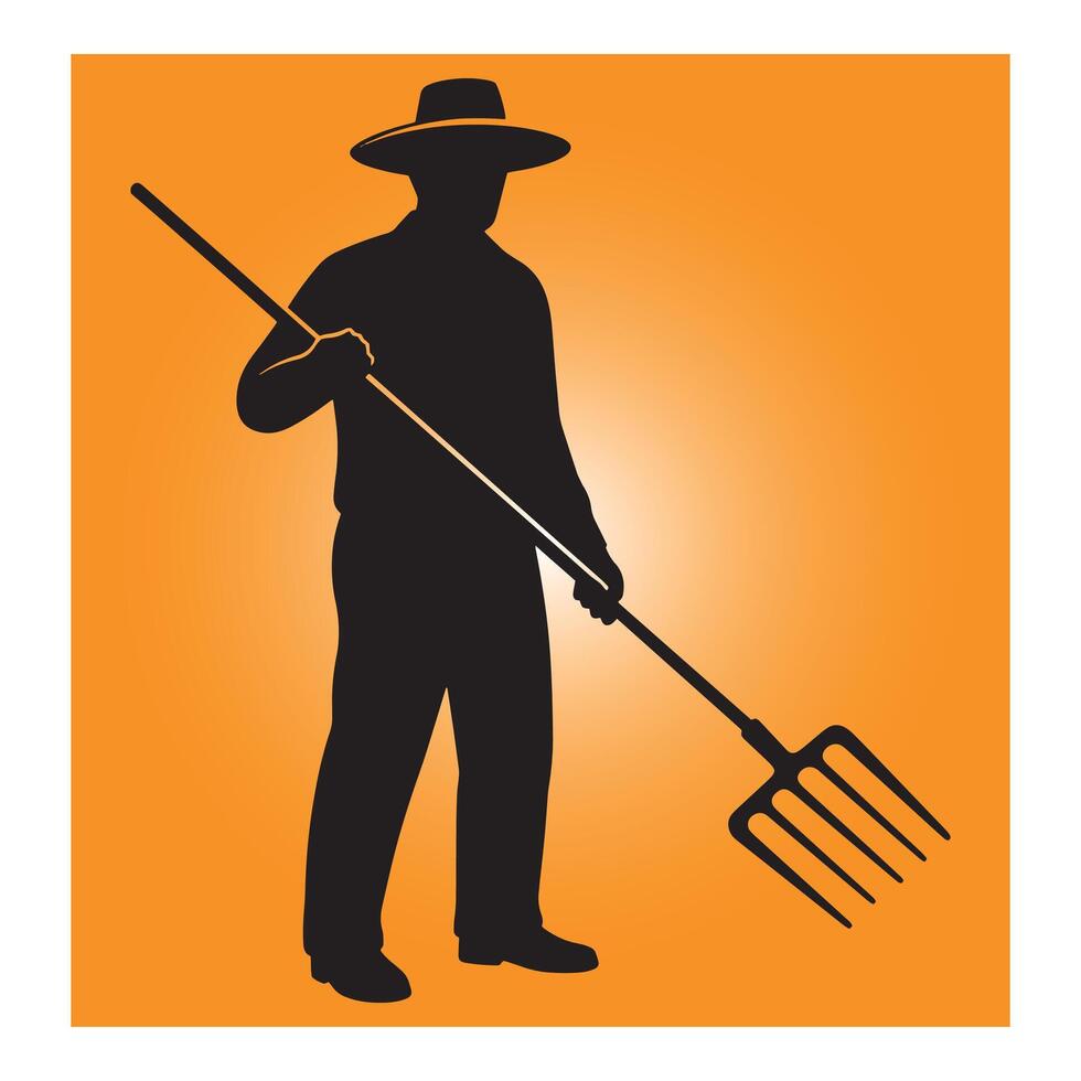 Silhouette of a farmer holding pitchfork against an orange background illustrative design vector