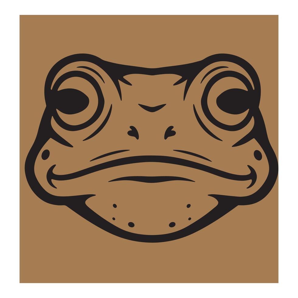 Illustration of a stylized frog head on a brown background with simple black line art. vector