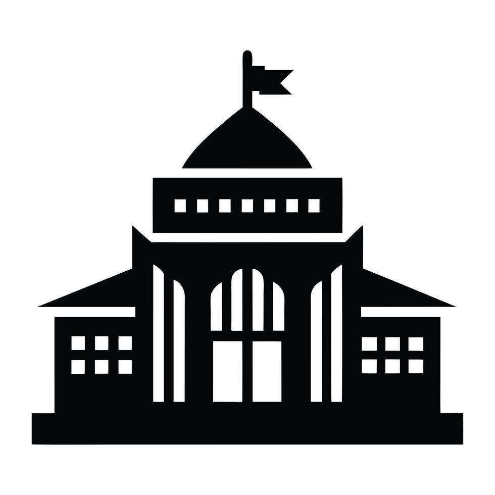 a black and white illustration of a building with a flag on top vector
