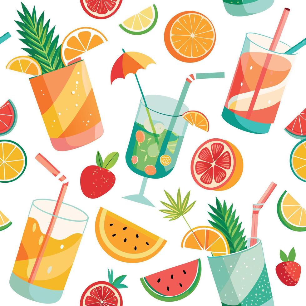 seamless pattern with colorful drinks and fruit vector
