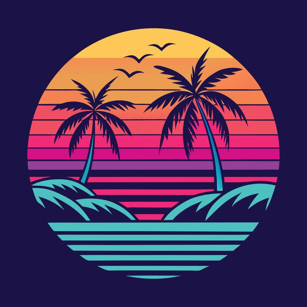 retro style palm trees and sunset on the beach vector