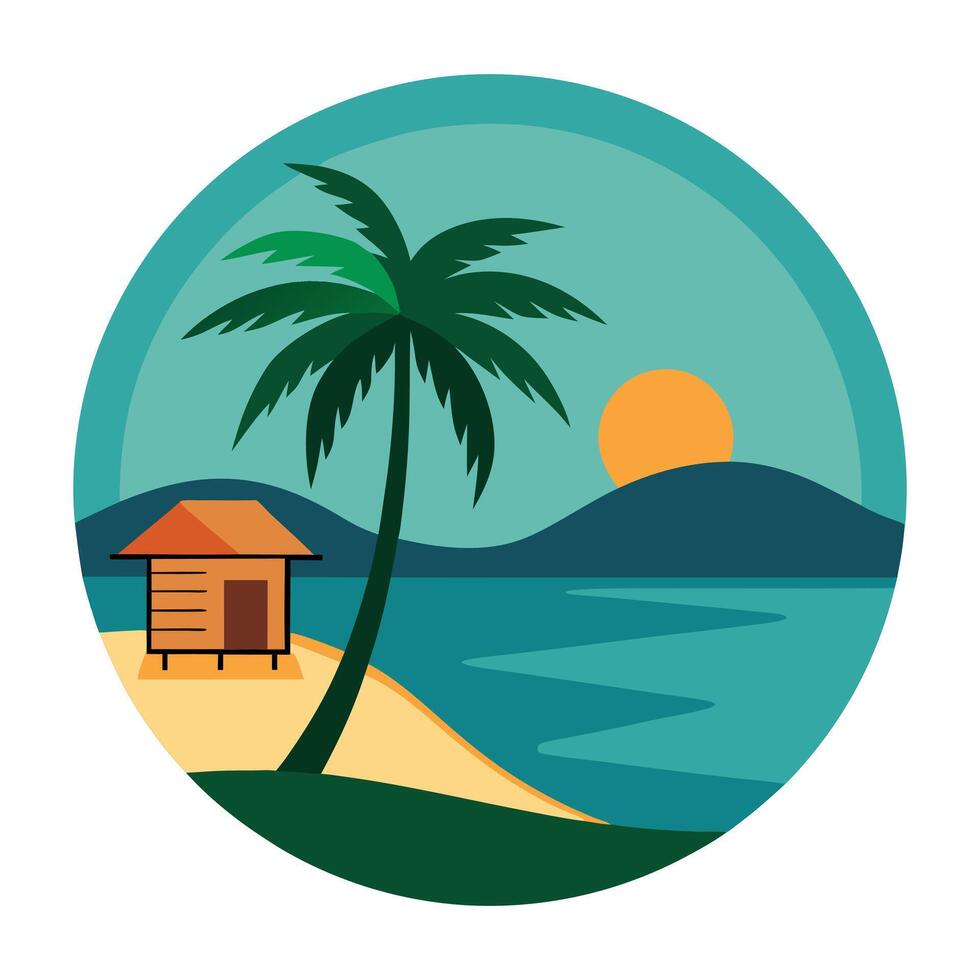 tropical island with palm tree and hut illustration vector