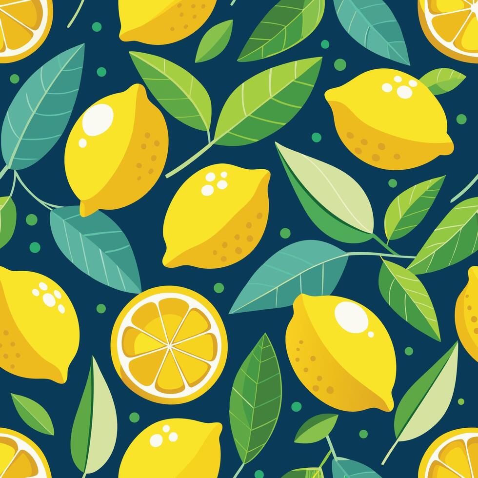 lemon seamless pattern with lemons and leaves vector