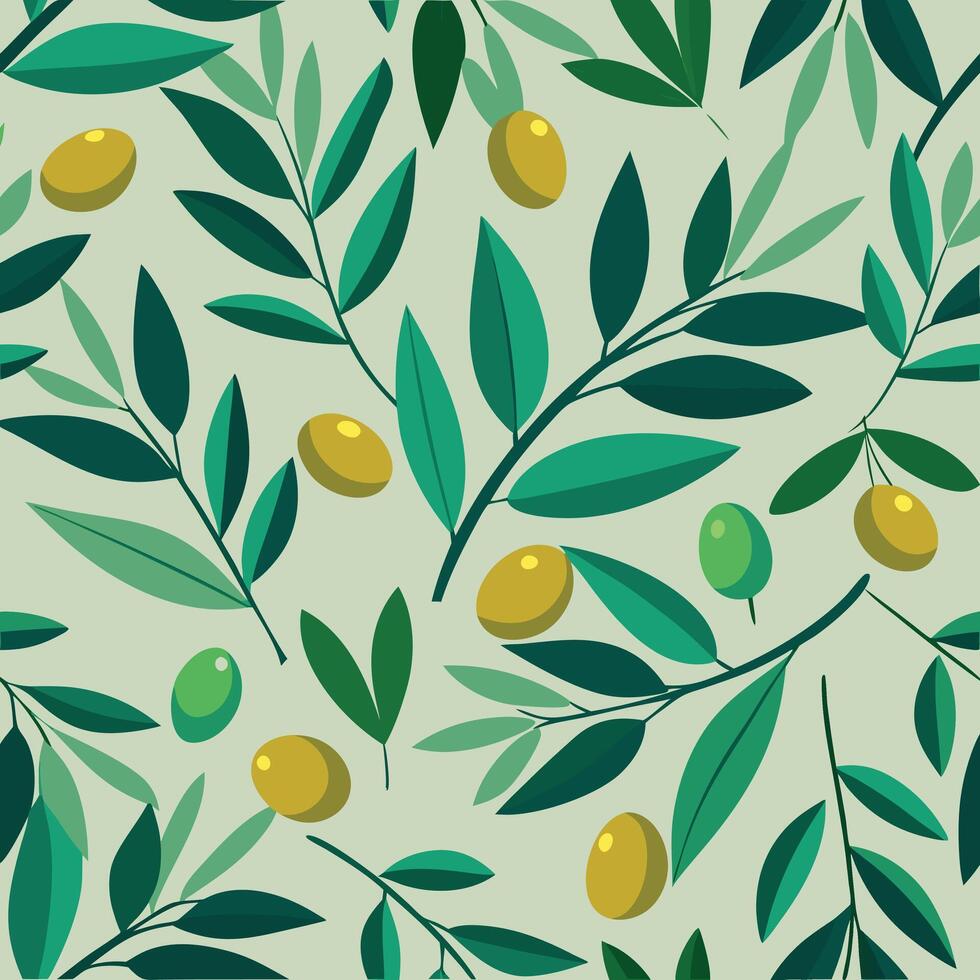 olive seamless pattern with green olives and leaves vector