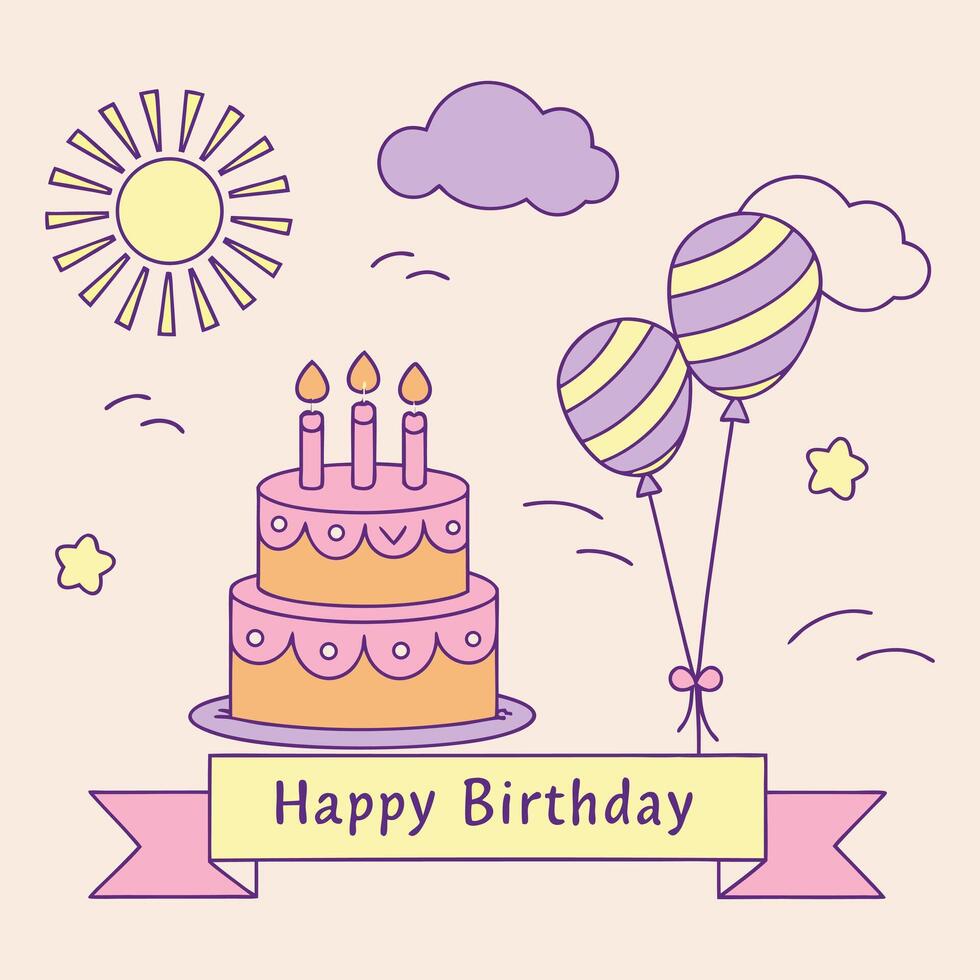 happy birthday card with cake and balloons vector