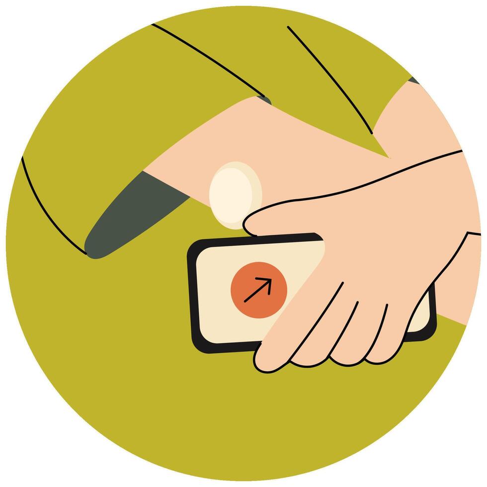 Man scanning glucose monitor with smartphone. Woman using a smartphone to scan a continuous glucose monitor on her arm. Continuous glucose monitor . Diabetes management and health technology. vector